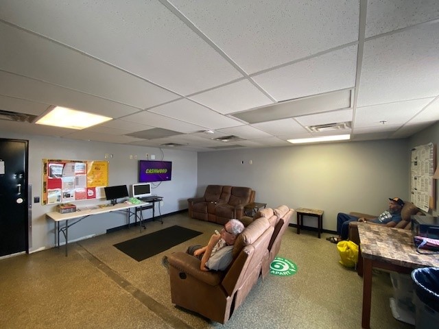 Barr-Nunn Charlotte, NC truck terminal building showing driver lounge tables, chairs, and kitchenette