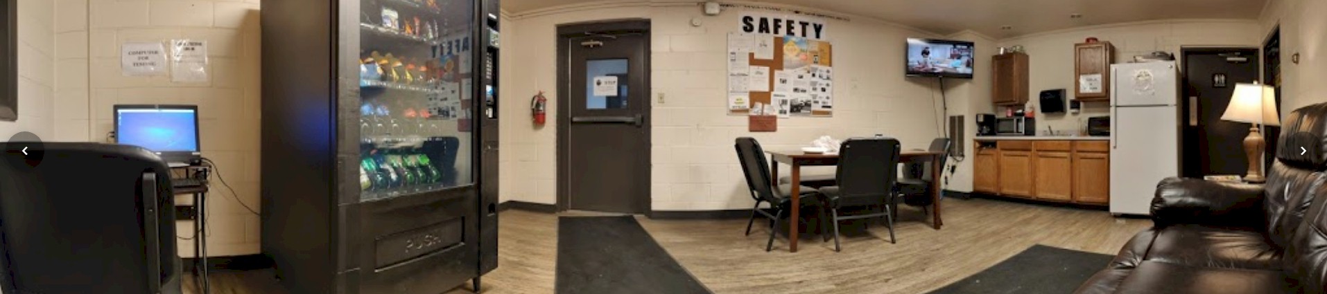 Barr-Nunn Manchester, PA truck terminal building showing driver lounge kitchenette area, vending machine, and couch